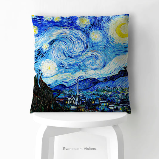 A square artistic themed cushion featuring Vincent van Gogh's 'Starry Night' painting' in blue and yellow tones, shown on a white stool.