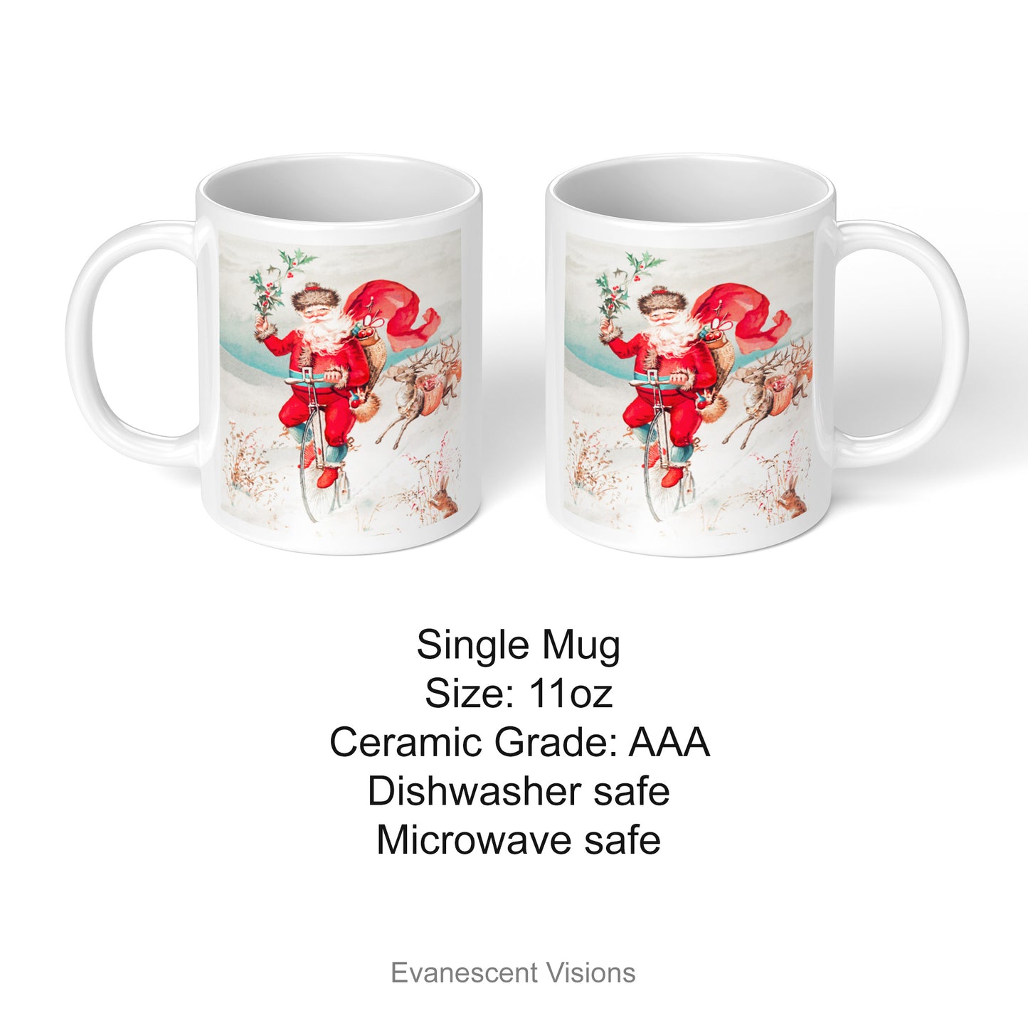 Product details for the Santa Christmas Mug, with a vintage painting of Santa on a Penny Farthing bycicle.