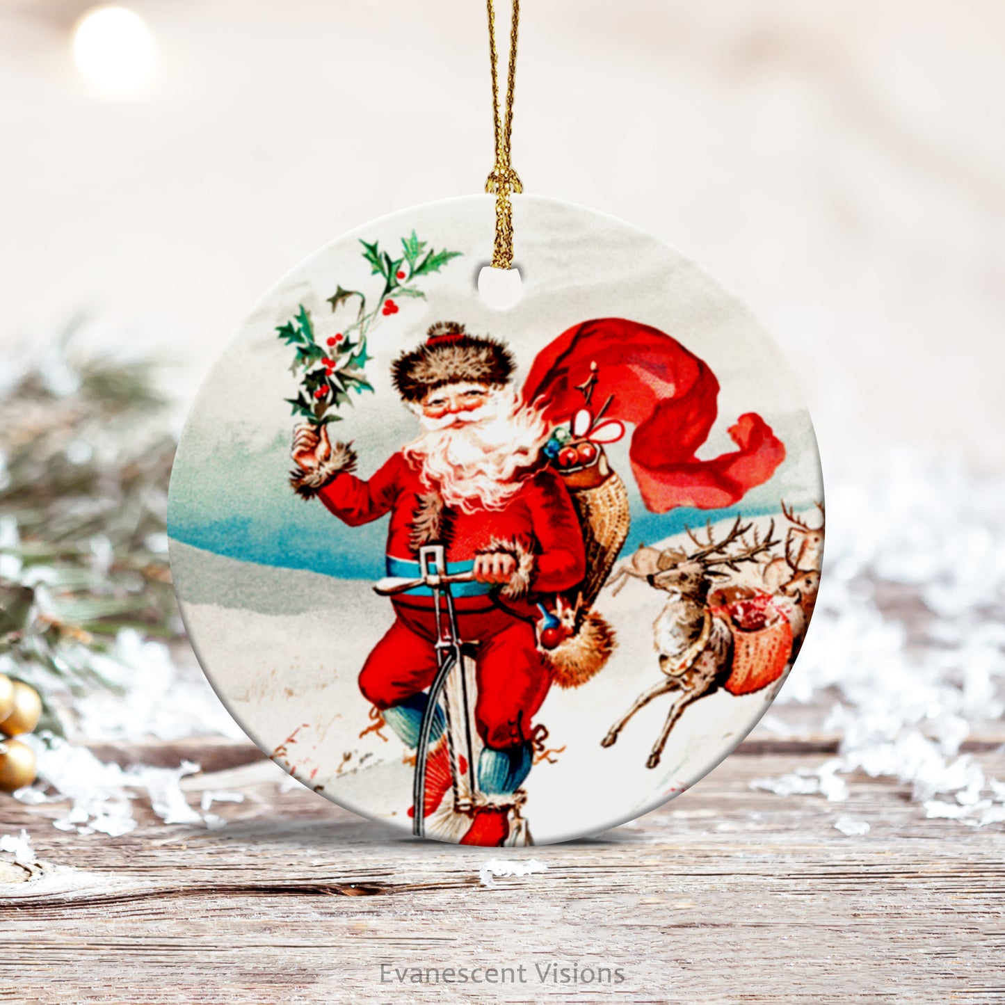 Santa Ceramic Christmas ornament on a table top