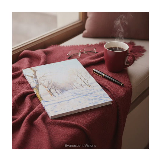 A hardback notebook featuring a winter landscape on a red blanket with coffee mug and glasses.
