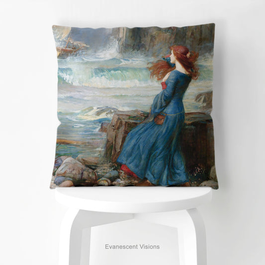 A decorative cushion featuring a print of the painting 'Miranda - The Tempest' by JW Waterhouse, shown on a white stool.
