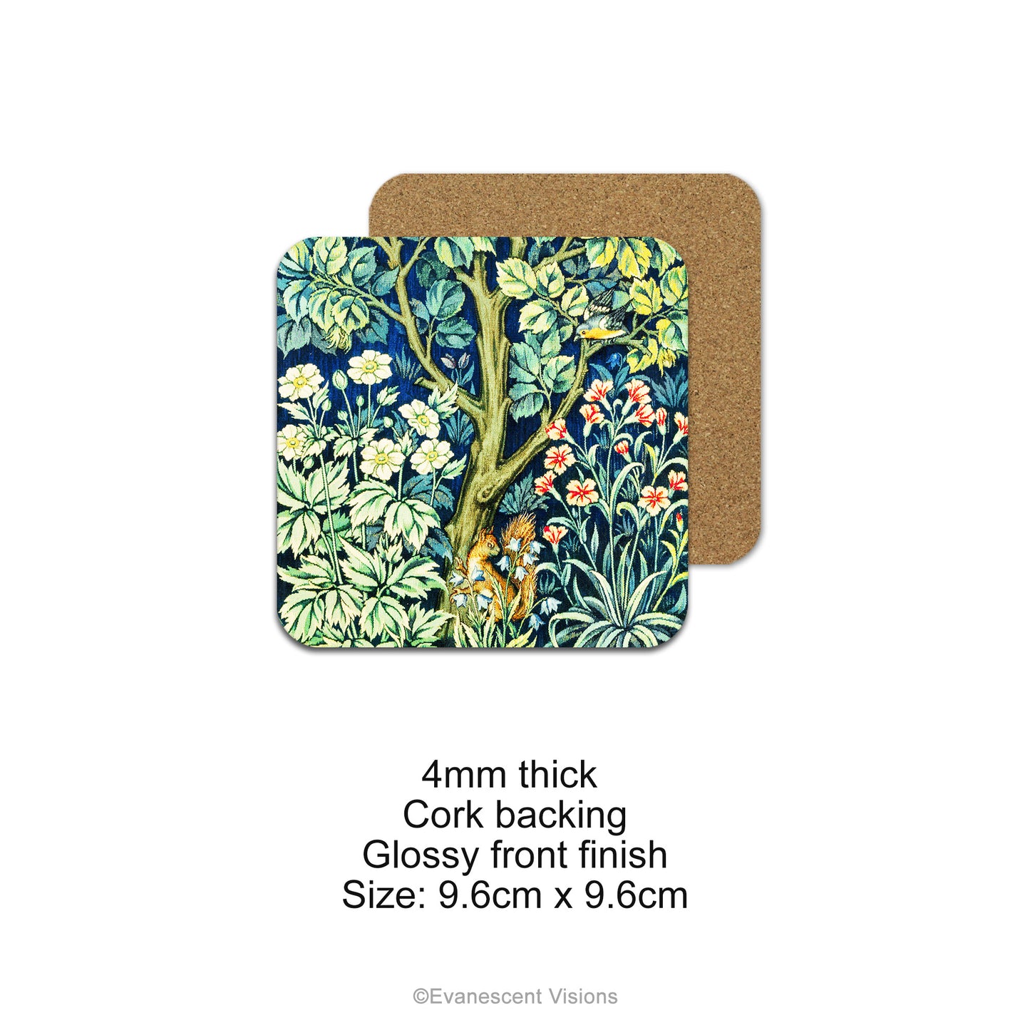 Front and back view and product details for the William Morris Pheasant Design Drinks Coasters