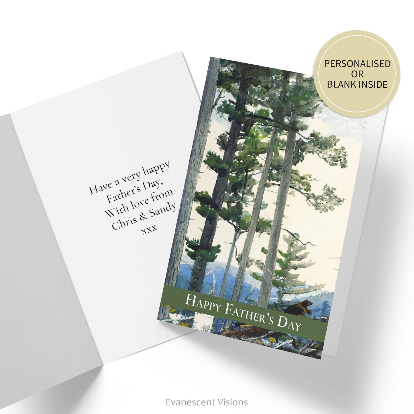 Front and inside view of the Winslow Homer 'Old Settlers' Nature Father's Day Card, with an example inside greeting.