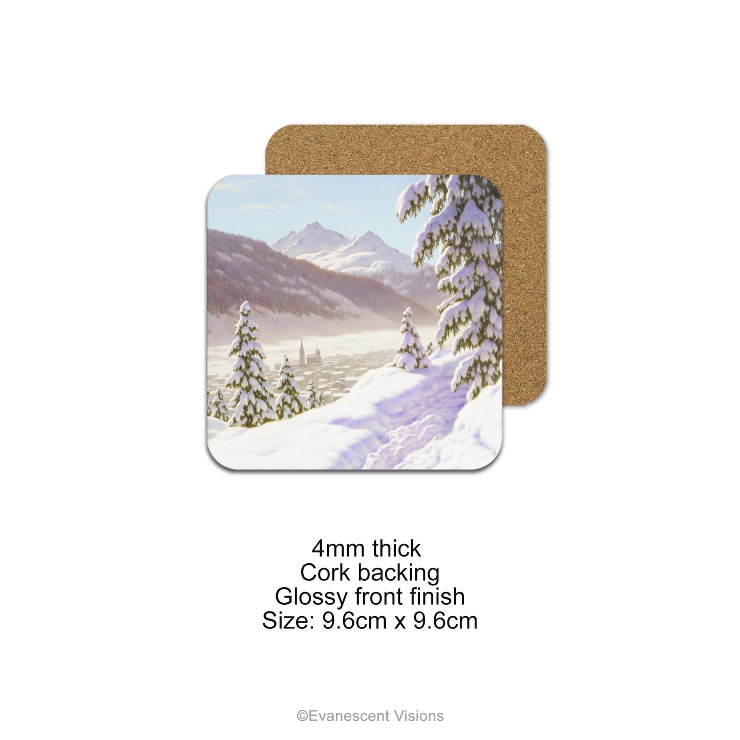 Single coaster with cork backing and product details