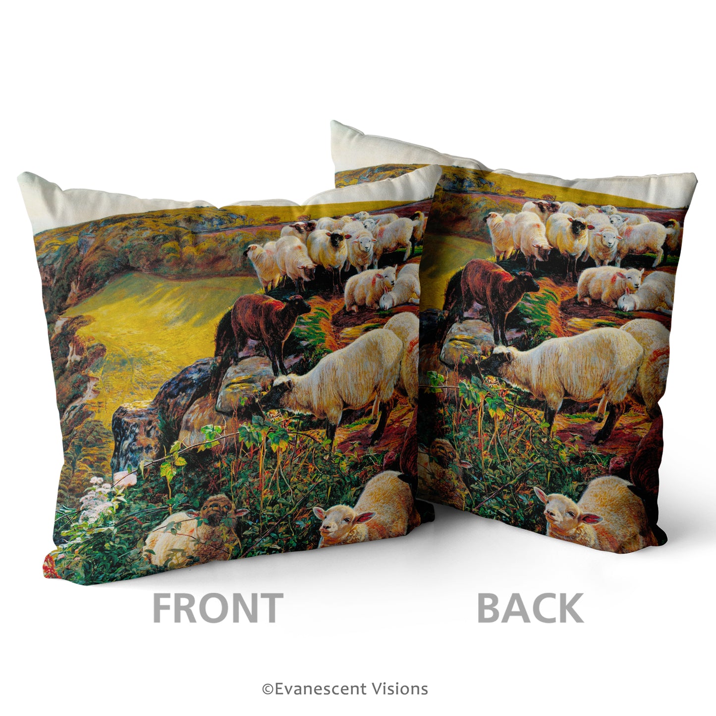Front and back views of Holman Hunt Our English Coasts Design Decorative Cushion