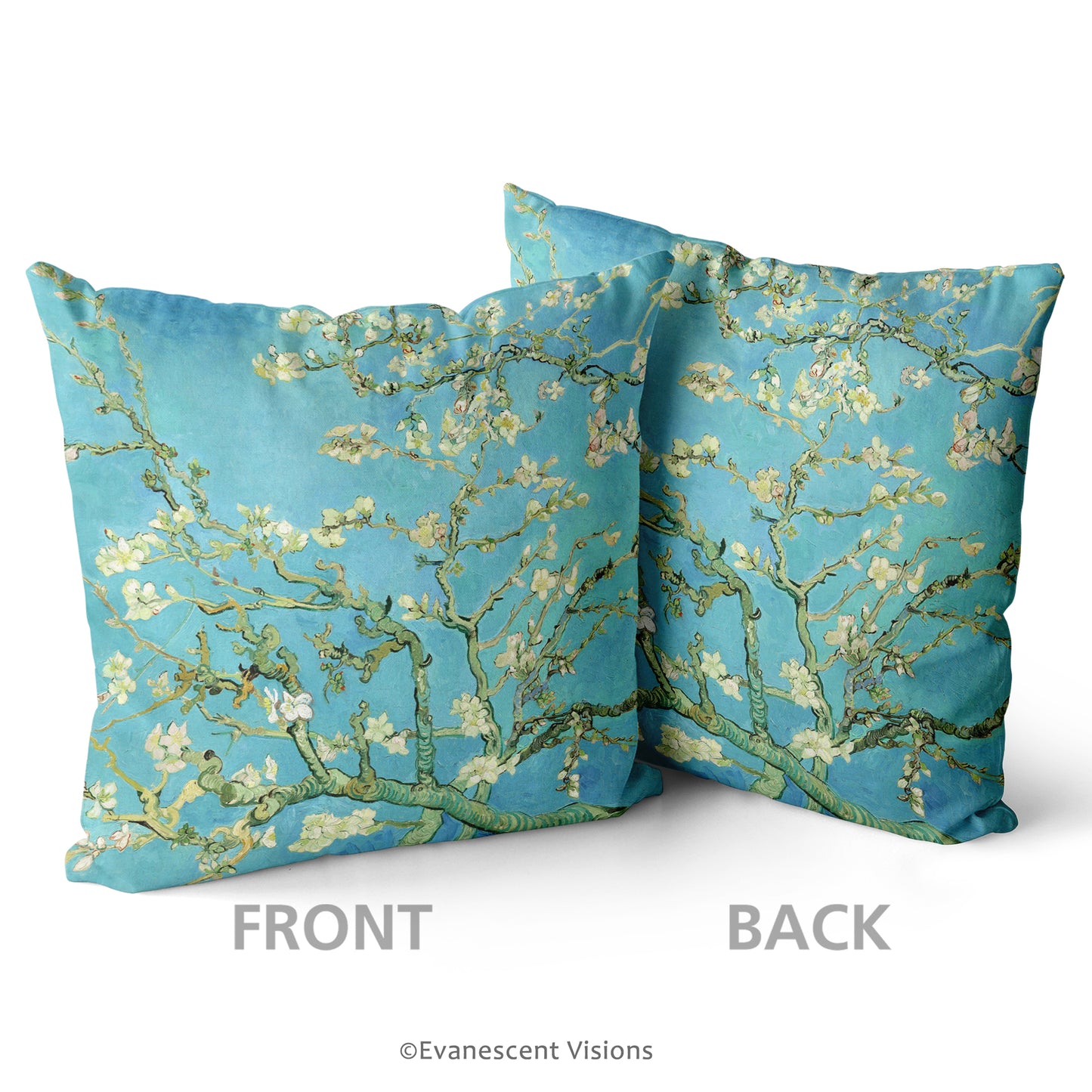 front and back of the front of the van gogh almond blossom scatter cushion