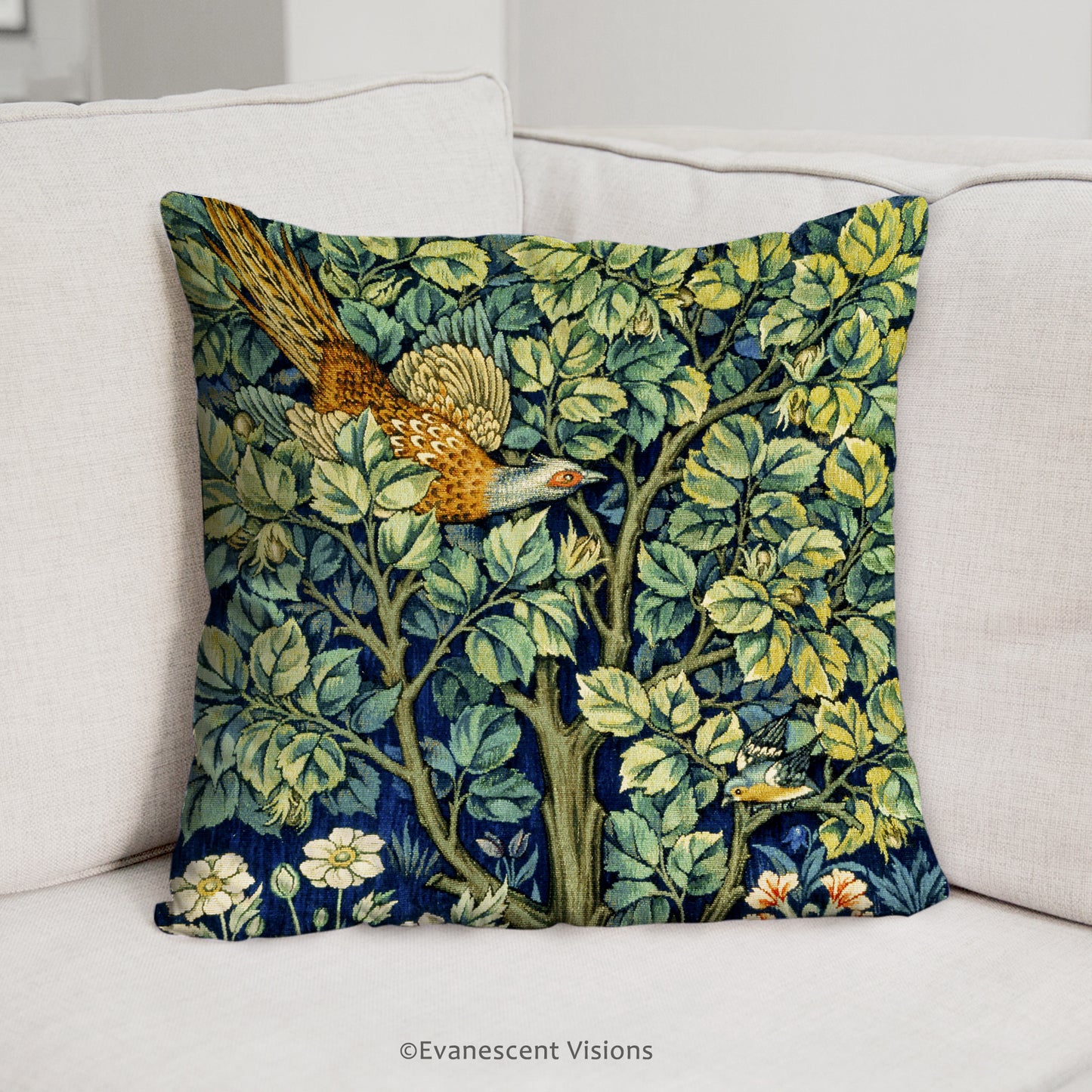william morris cock pheasant fine art cushion on a sofa