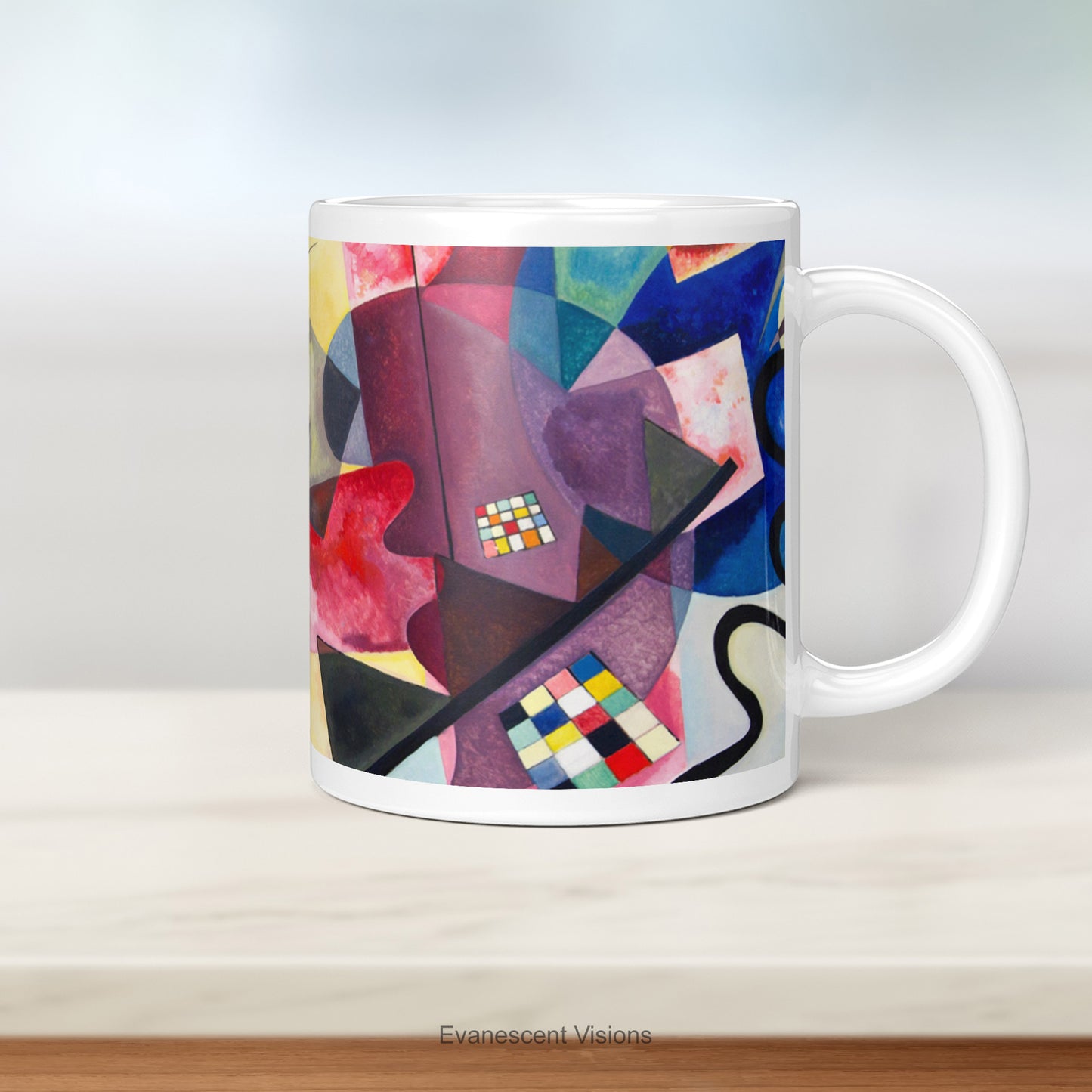 Kandinsky Abstract Art Mugs on a kitchen table