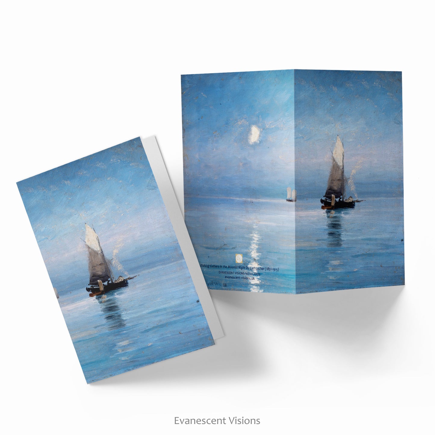 Front and back views of Fishing Cutters in the Moonlit Night,by Carl Locher Art Notecard