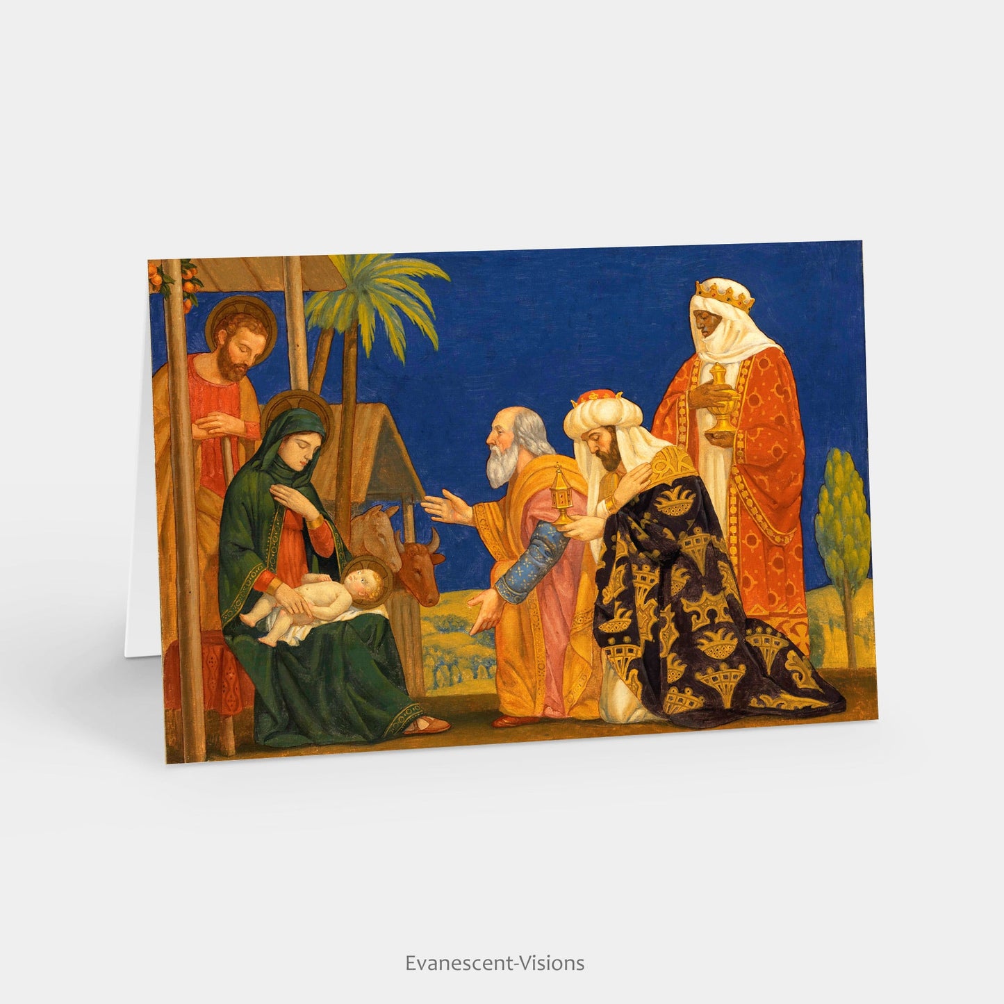 Henry Siddons Mowbray The Magi colourful Fine Art Christmas Card standing on a desk