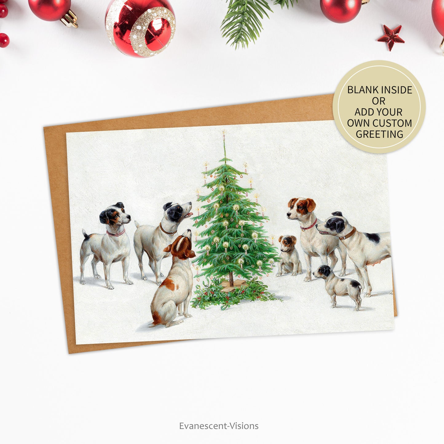 Puppies and Dogs around a Christmas Tree Fine Art Xmas Card standing on a table
