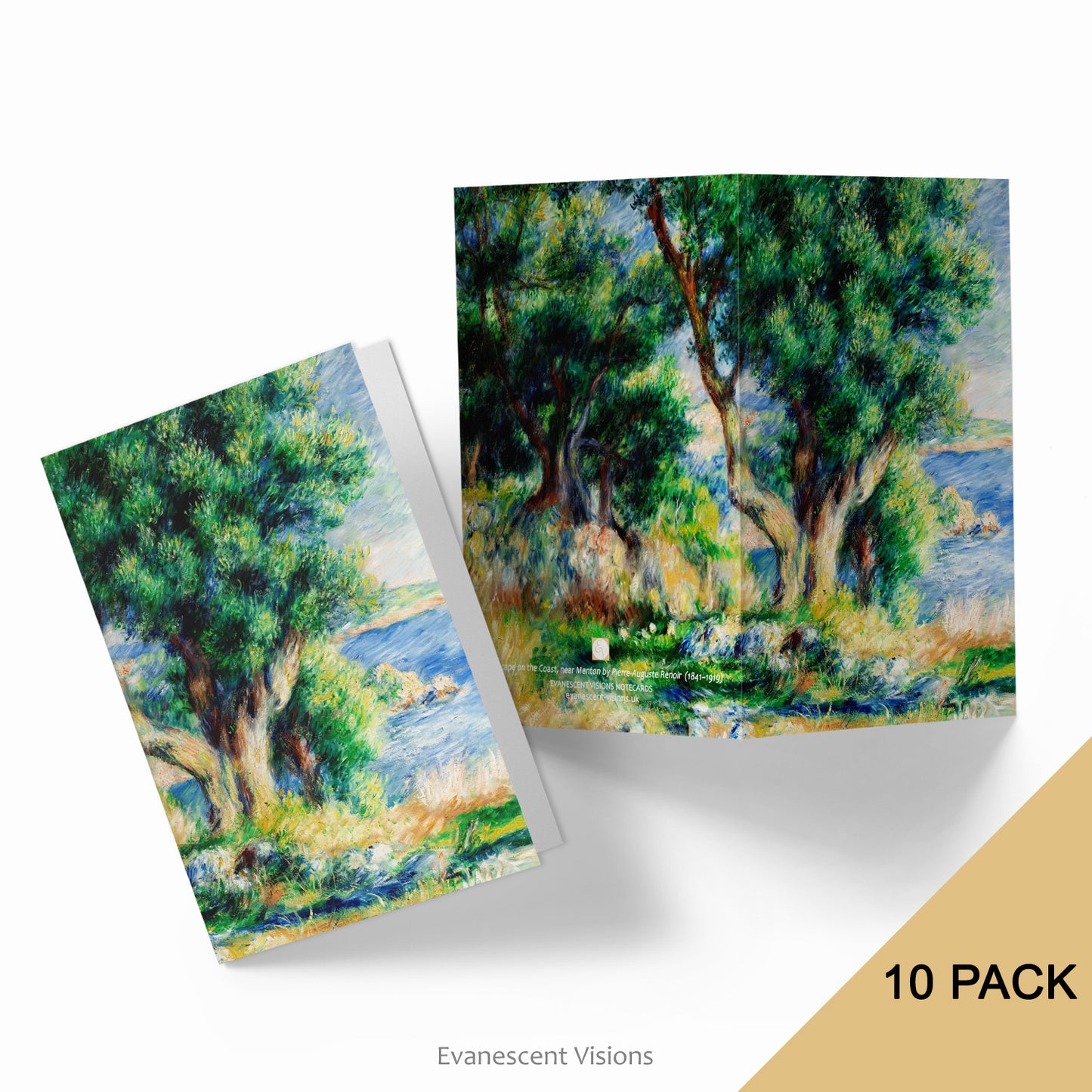Two cards showing the Front and back view of the Renoir Landscape on the Coast near Menton Renoir Art Notecard