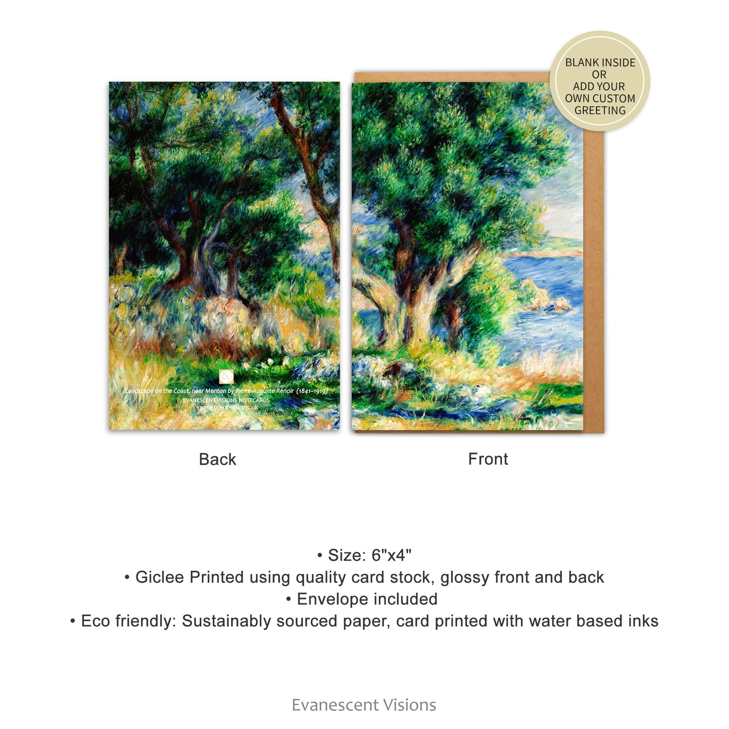 front and back views and product information for the Renoir Landscape on the Coast near Menton Renoir Art Notecard
