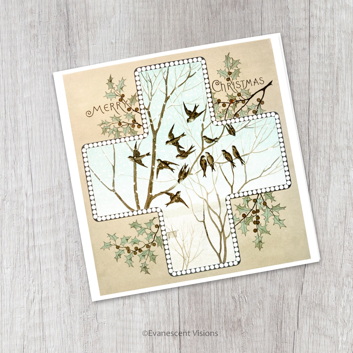 Vintage Design Cross and Holly Christmas Card, Personalised or Blank
