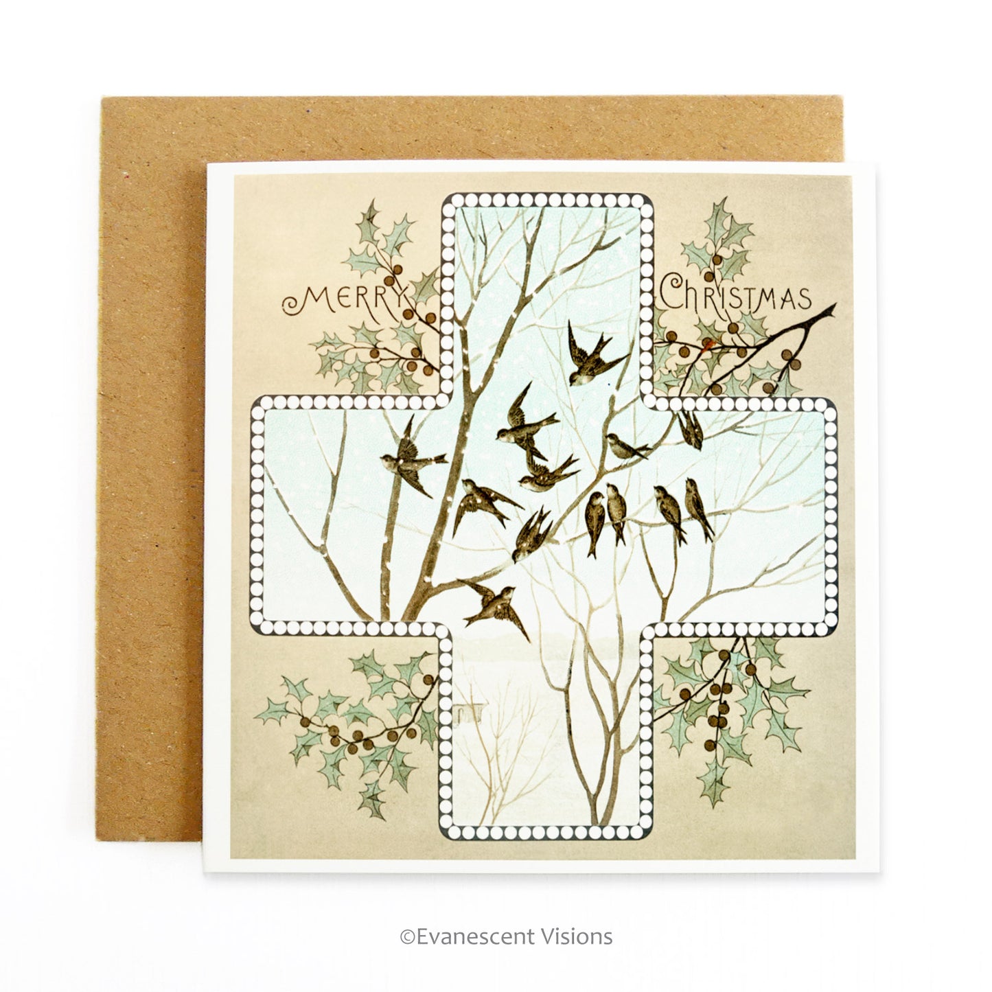 Vintage Design Cross and Holly Christmas Card, Personalised or Blank