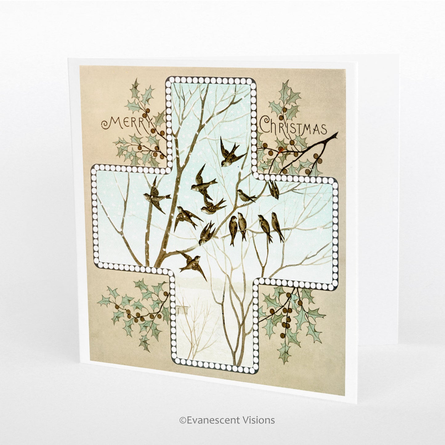 Vintage Design Cross and Holly Christmas Card, Personalised or Blank