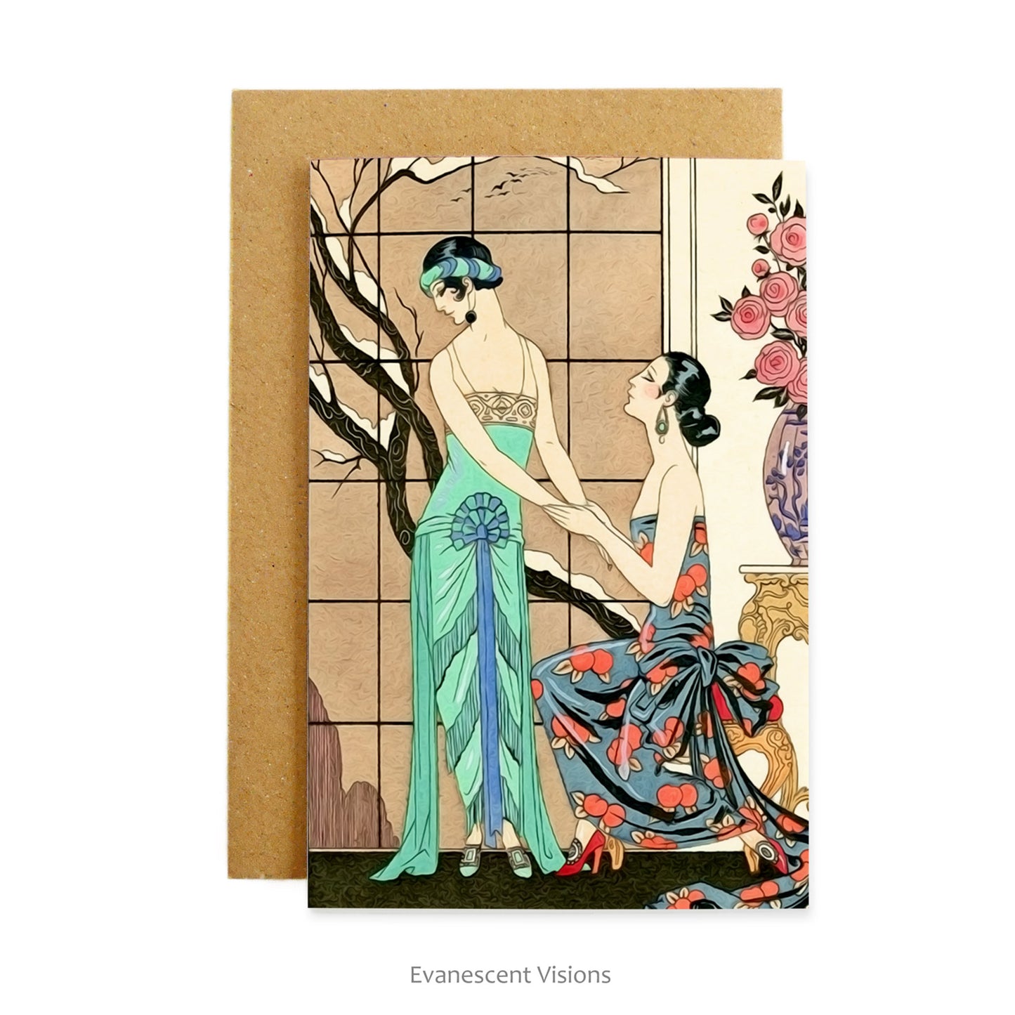 Barbier vintage art love, friendship, proposal, lesbian couple card with envelope