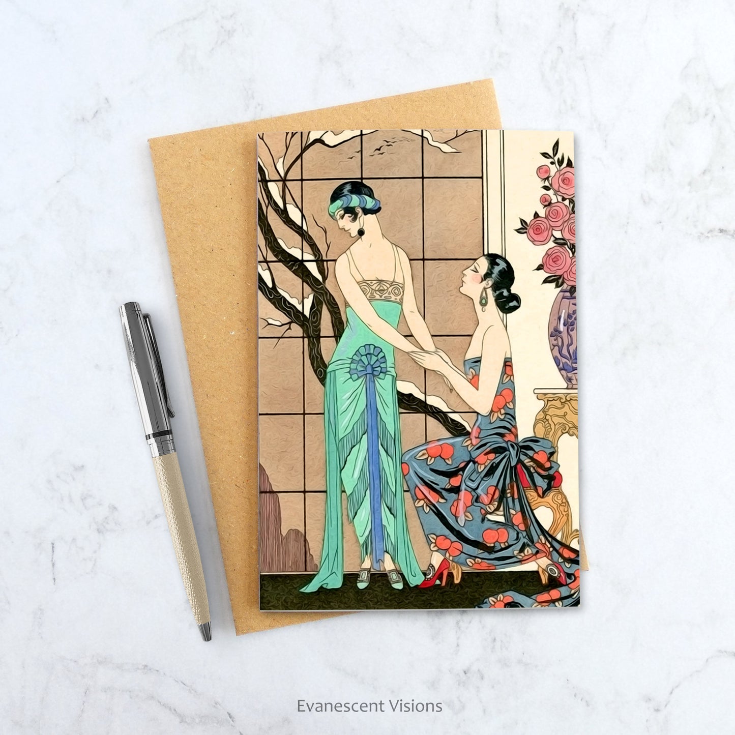 Barbier vintage art love, friendship, proposal, lesbian couple card with envelope