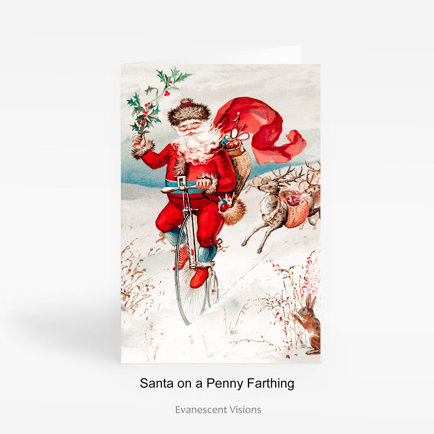 Vintage Victorian and Edwardian Illustration Christmas Card with Santa on a Penny Farthing