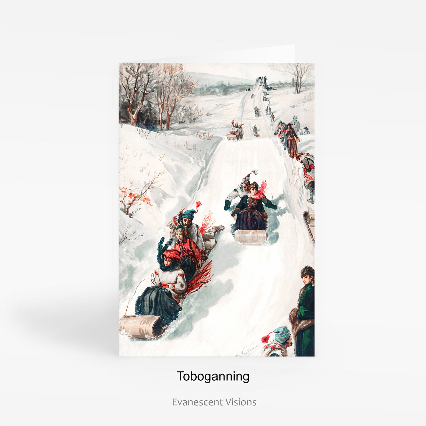 Vintage Victorian and Edwardian Illustration Christmas Card with a snowy Toboganning scene