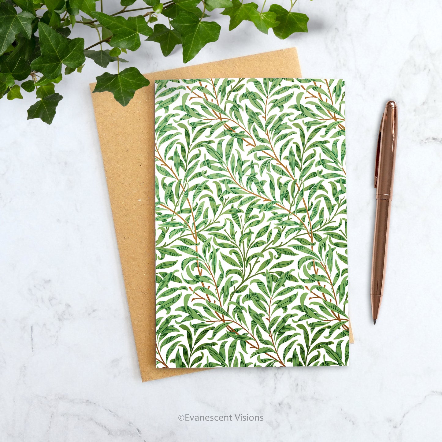 Evanescent visions William Morris 'Willow Bough' Art Card on a desk