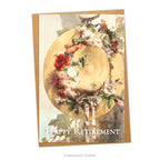 Card and envelope. Card shows 'Happy Retirement' with design 'Straw Hat with Roses, Carnations, and Cornflowers' by artist Angelo Rossi 