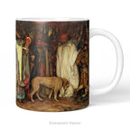 Left side view of ceramic mug with print of painting "King Lear," Act I, Scene I' by Edwin Austin Abbey.