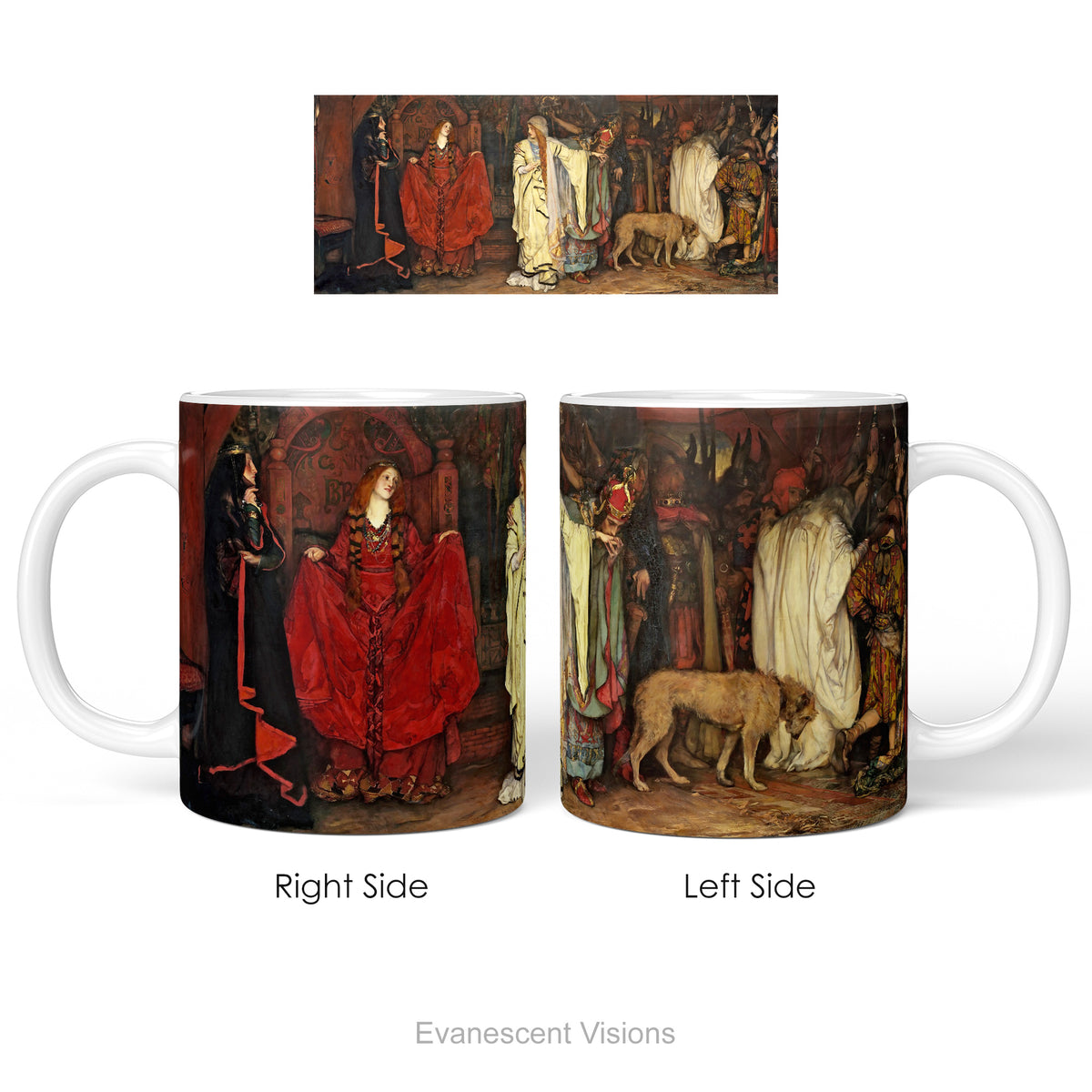 Left and right side views of ceramic mug with print of painting "King Lear," Act I, Scene I' by Edwin Austin Abbey.