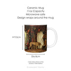 Ceramic mug with print of painting "King Lear," Act I, Scene I' by Edwin Austin Abbey, with mug dimensions.