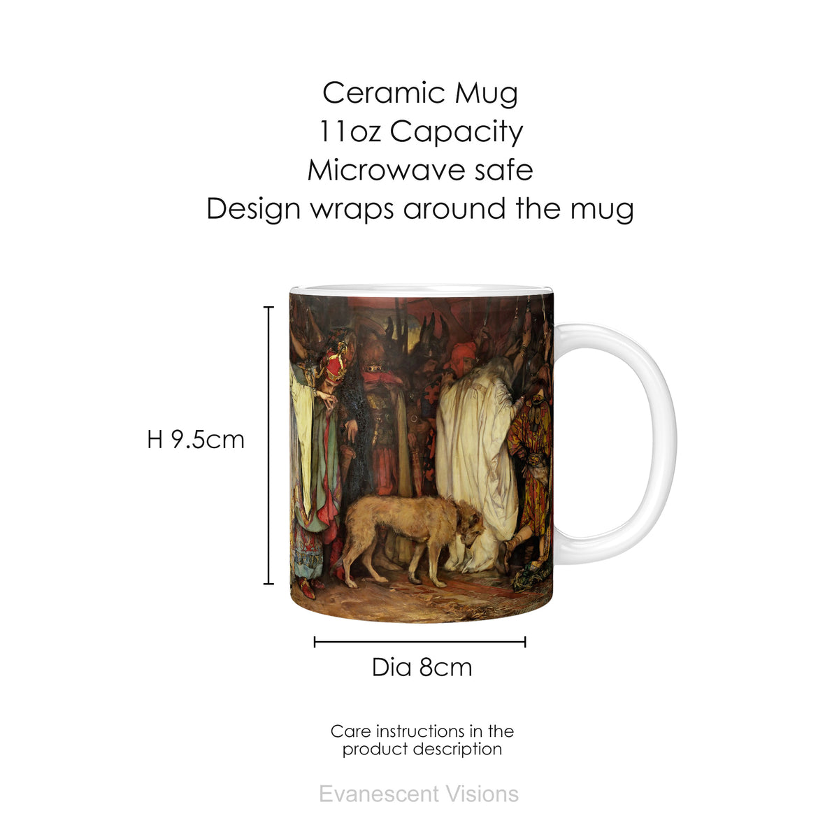 Ceramic mug with print of painting "King Lear," Act I, Scene I' by Edwin Austin Abbey, with mug dimensions.