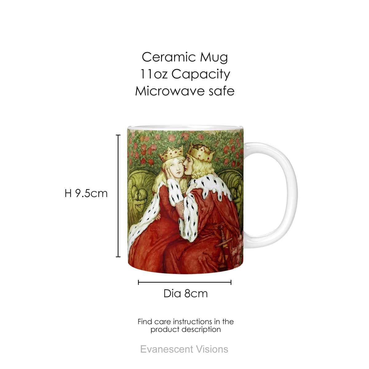 Ceramic mug with painting of medieval lovers Aucassin and Nicolette, with mug dimensions