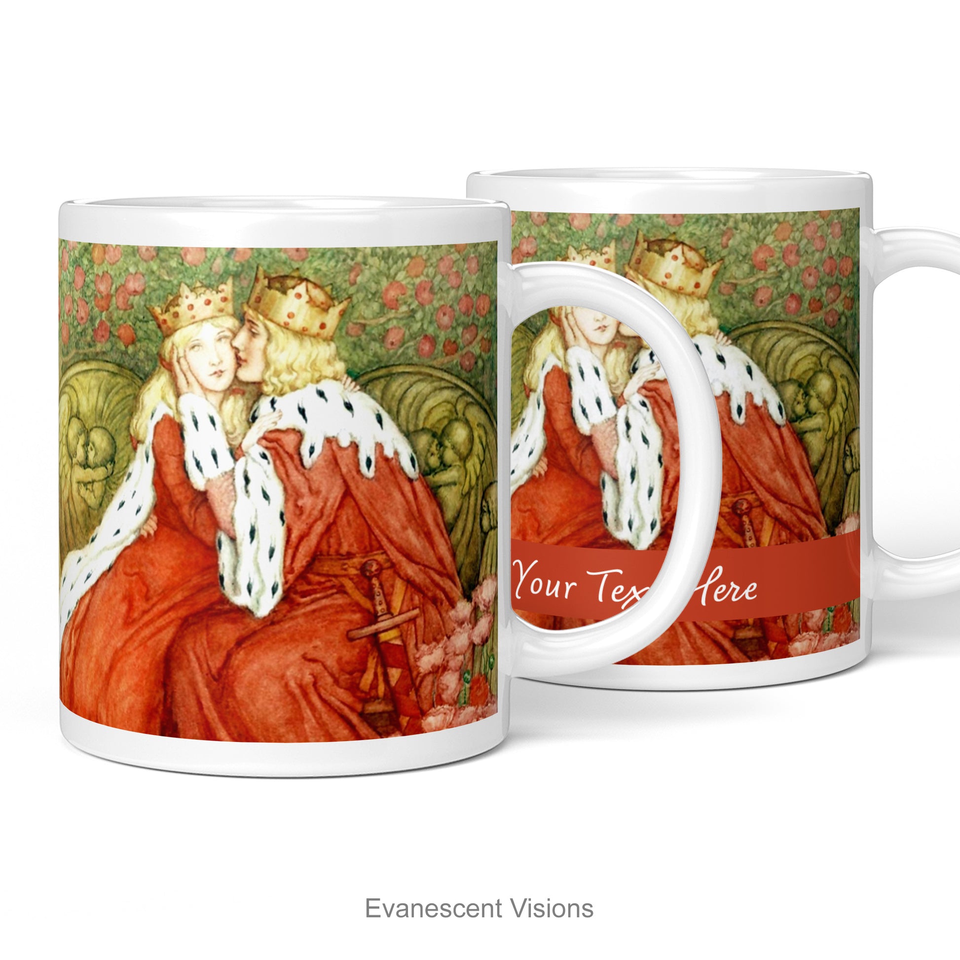 Mug shown with and without personalisation. Design Aucassin and Nicolette by Amelia Bauerle (1873-1916)