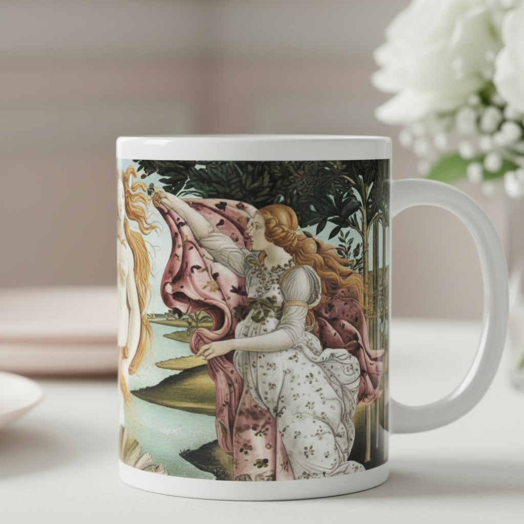 A white ceramic mug featuring a detailed print of a classical painting Birth of Venus by Sandro Botticelli,  set on a light tabletop with a blurred background and white flowers.
