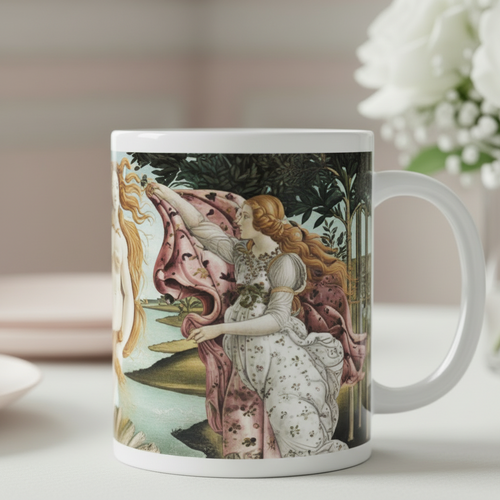 A white ceramic mug featuring a detailed print of a classical painting Birth of Venus by Sandro Botticelli,  set on a light tabletop with a blurred background and white flowers.