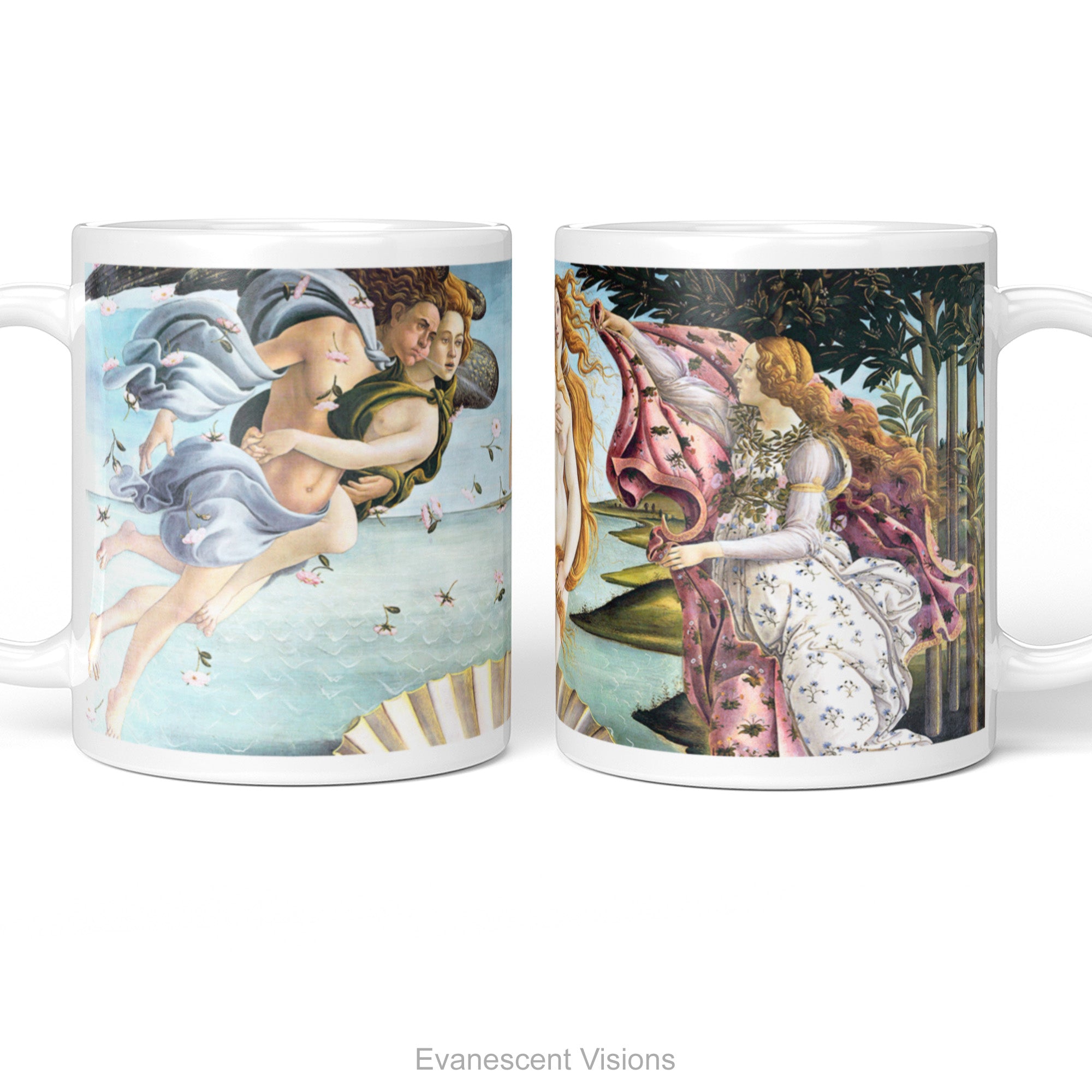 Left and right side views of white ceramic mug featuring a detailed print of a classical painting Birth of Venus by Sandro Botticelli, shown on a clean white background. 