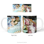 Left and side views of a ceramic mug featuring a print of Botticelli's painting 'The Birth of Venus'.