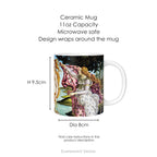 A ceramic mug featuring a print of Botticelli's painting 'The Birth of Venus', with dimensions.