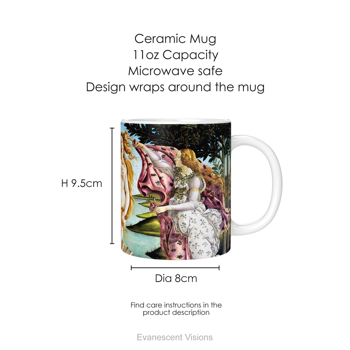 A ceramic mug featuring a print of Botticelli's painting 'The Birth of Venus', with dimensions.