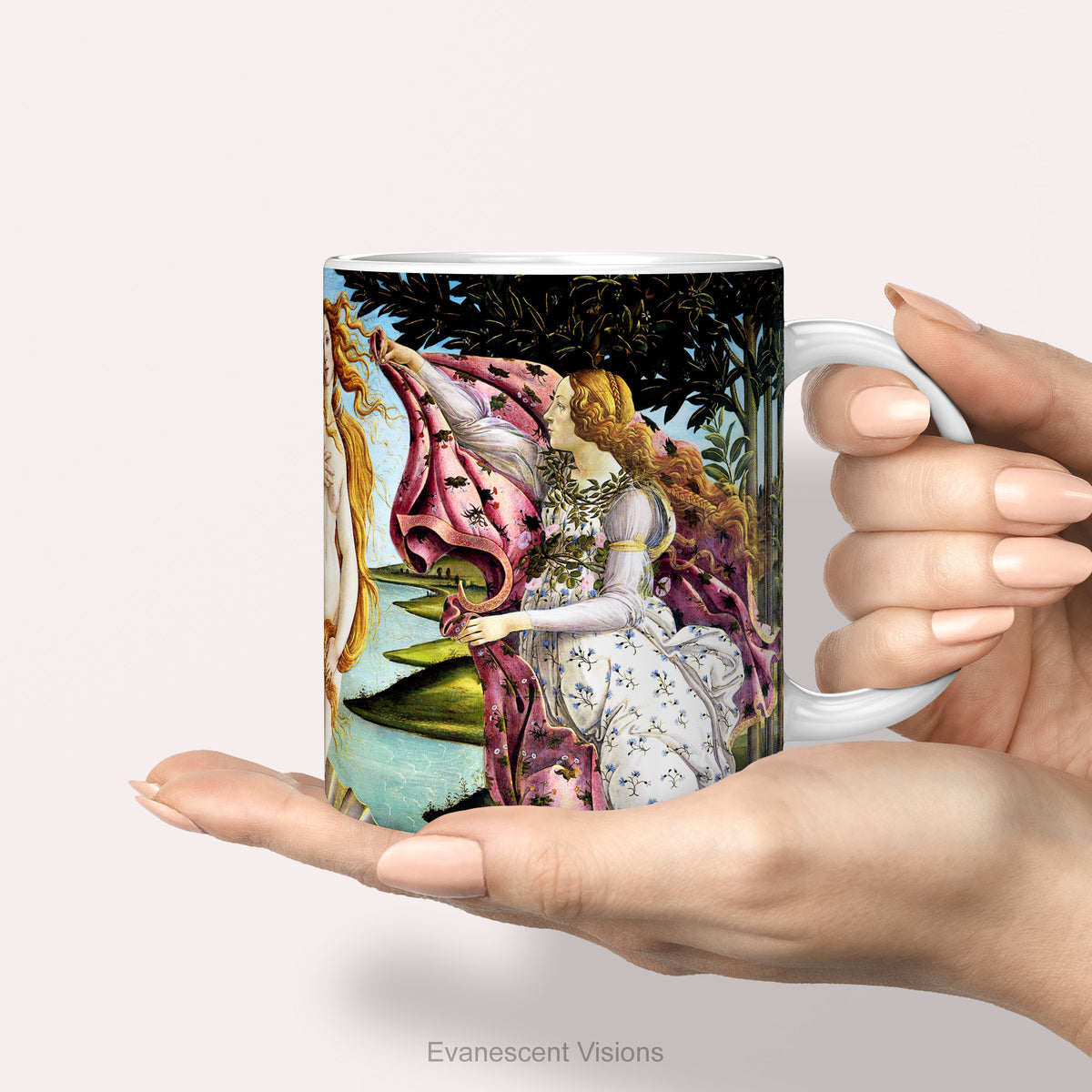 Hands holding  ceramic mug featuring a print of Botticelli's painting 'The Birth of Venus'.