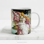 A ceramic mug featuring a print of Botticelli's painting 'The Birth of Venus', shown on a white background.