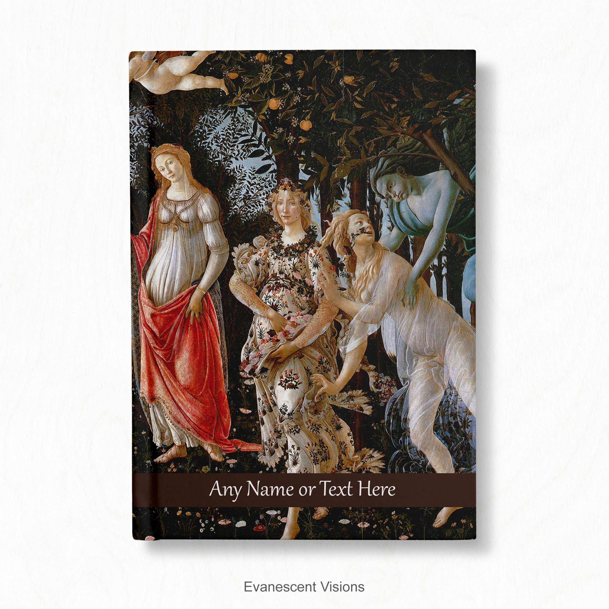 Personalised Notebook, Hardback decorated with Botticelli's artwork Primavera