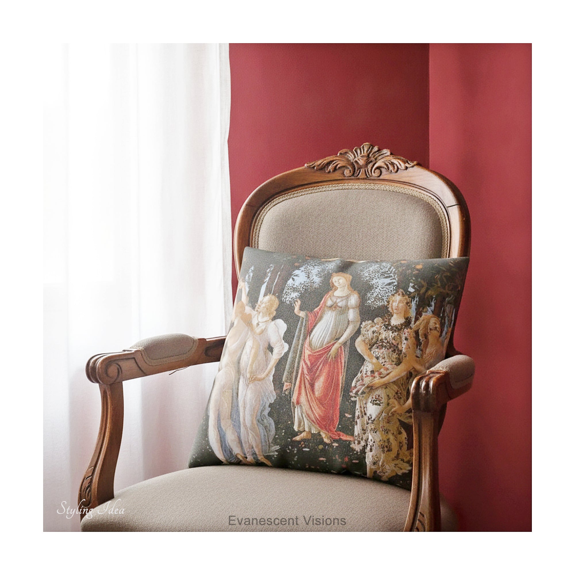 A square decorative cushion with a print of the classical painting 'La Primavera' by Sandro Botticelli, shown on an antique chair.