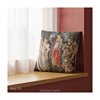A square decorative cushion with a print of the classical painting 'La Primavera' by Sandro Botticelli, shown on a wooden window seat. 