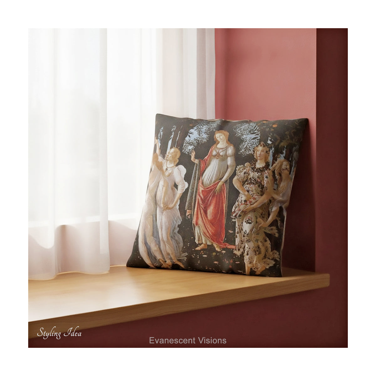 A square decorative cushion with a print of the classical painting 'La Primavera' by Sandro Botticelli, shown on a wooden window seat. 
