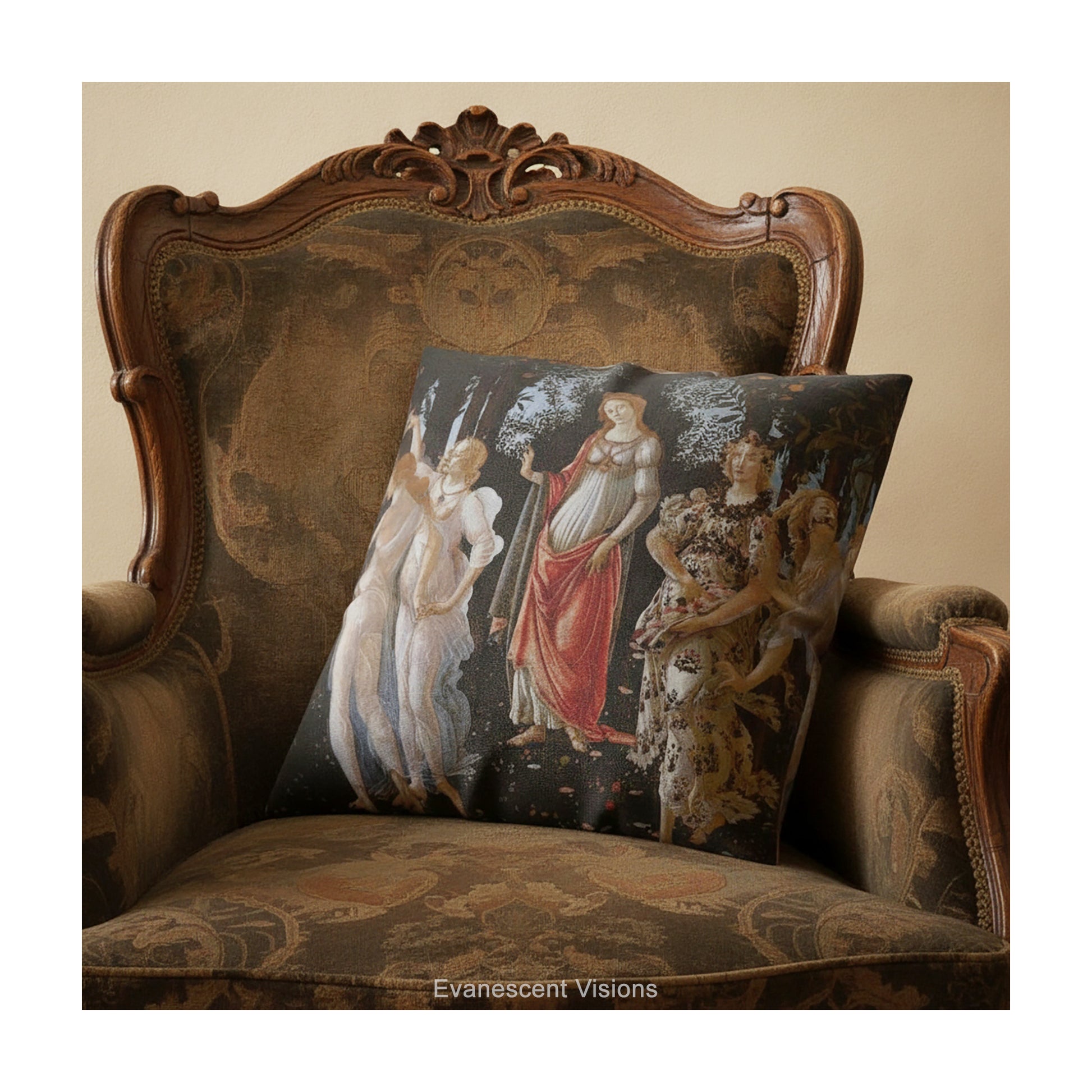 A square decorative cushion with a print of the classical painting 'La Primavera' by Sandro Botticelli, shown on an antique patterned chair. 