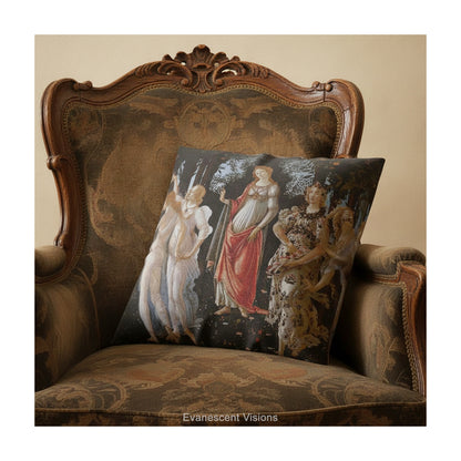 A square decorative cushion with a print of the classical painting 'La Primavera' by Sandro Botticelli, shown on an antique patterned chair. 