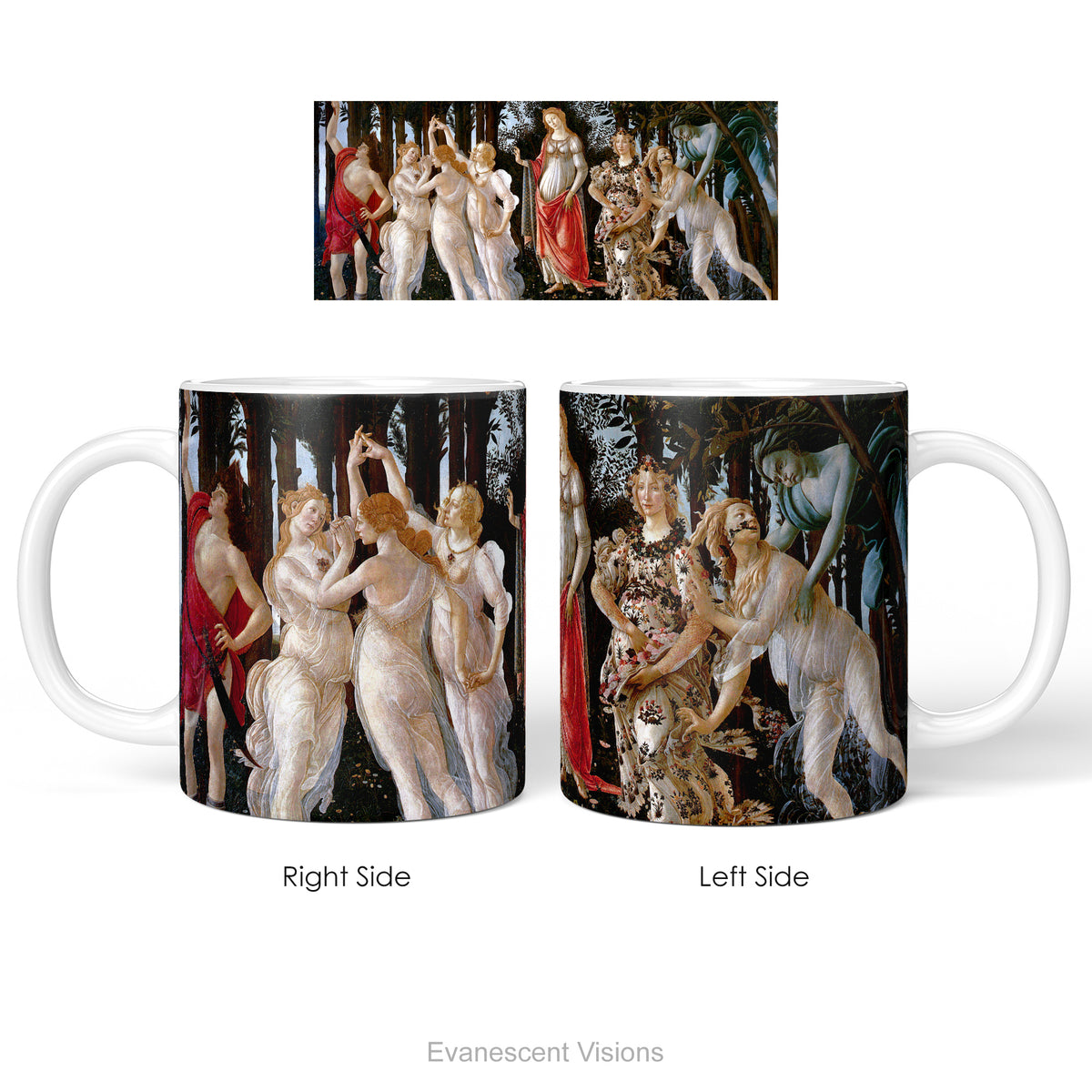 Left and right side views of  the ceramic mug featuring artwork 'Primavera' by Sandro Botticelli.