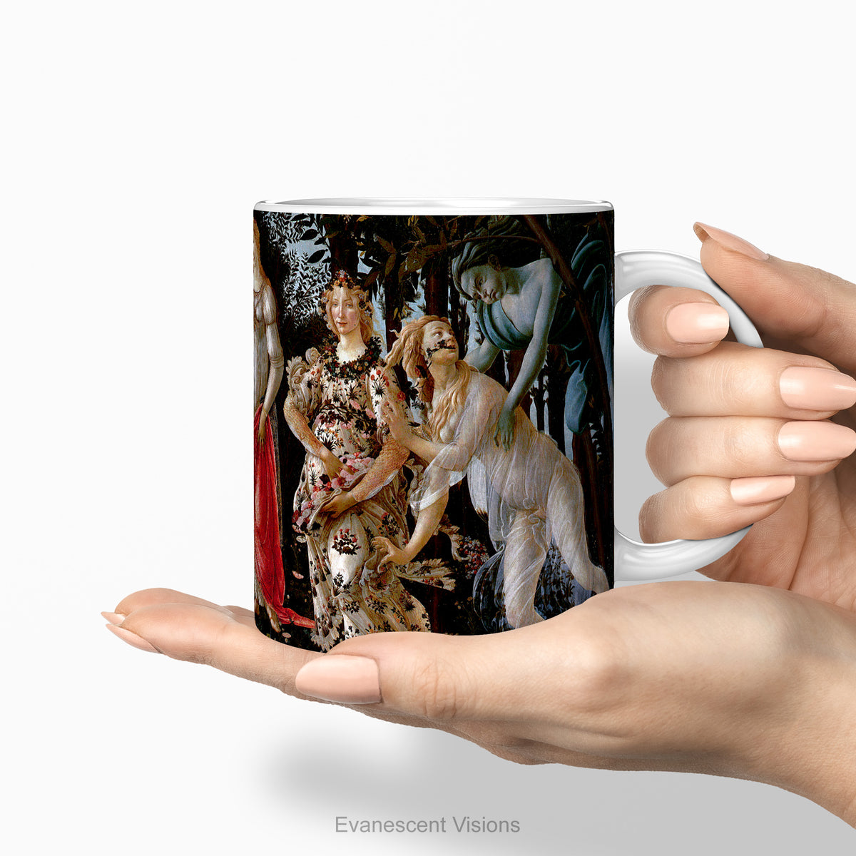 Hands holding the  ceramic mug featuring artwork 'Primavera' by Sandro Botticelli.