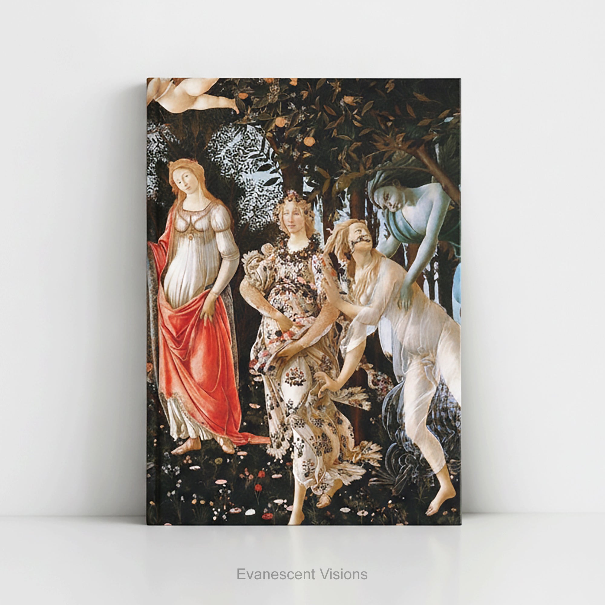 A hardcover notebook featuring the classical painting titled 'Primavera' by Sandro Boticelli. The artwork has a dark background with figures in white, red, and floral patterns.