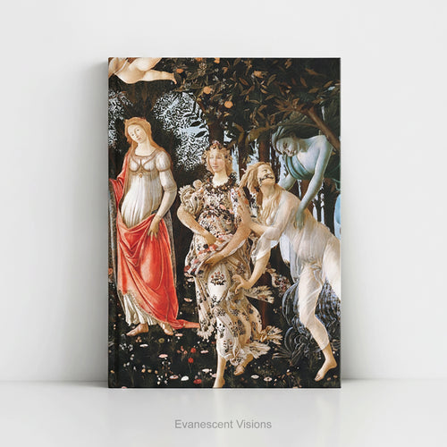A hardcover notebook featuring the classical painting titled 'Primavera' by Sandro Boticelli. The artwork has a dark background with figures in white, red, and floral patterns.